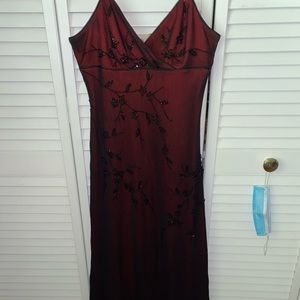 black and red beaded prom dress